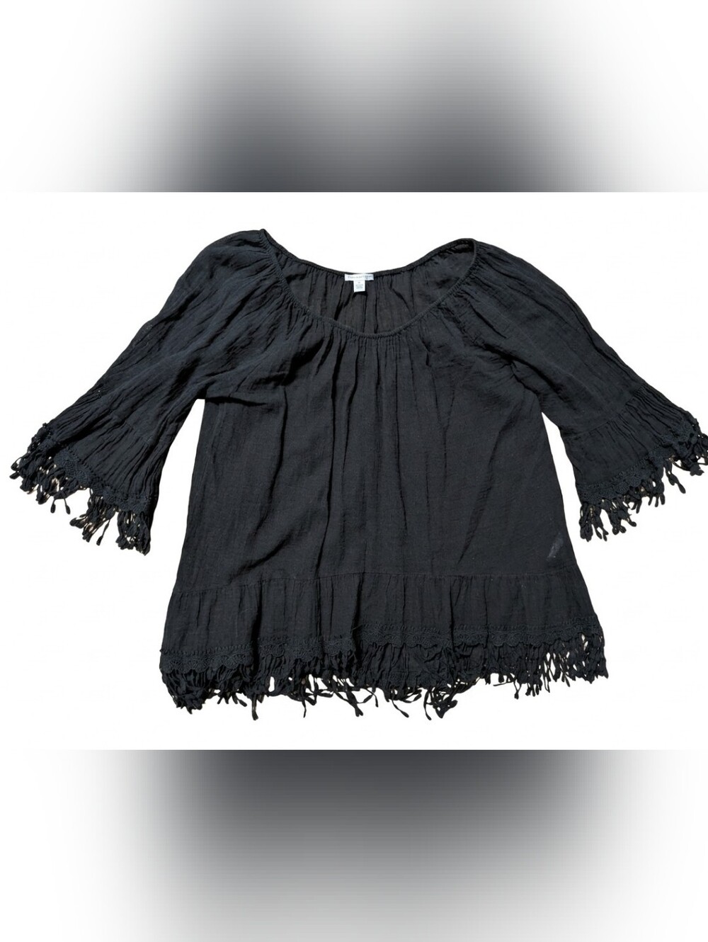 Saks Fifth Avenue Italy 100% Linen Crinkle Gauze Tassel Fringe Bell Sleeve Top M